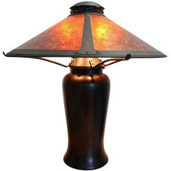 Vintage Arts & Crafts-Style Metal Lamp With Mica Shade