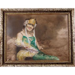 Vintage 1930's Art Deco Woman Hand Painted Photograph with Frame