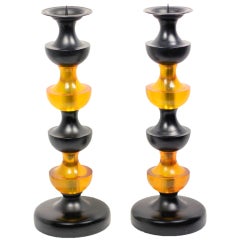 Mid Century  Pair Black Orange  Tall Of Candlestick Holders