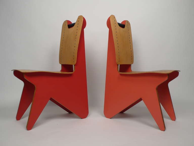 These chairs are very reminiscent of Dan Cooper's PAKTO line of furniture that he designed for Drexel in the 1940's. The construction and materials are also very similar to designs by Kenneth Smythe. They definitely have a handmade feel to them and