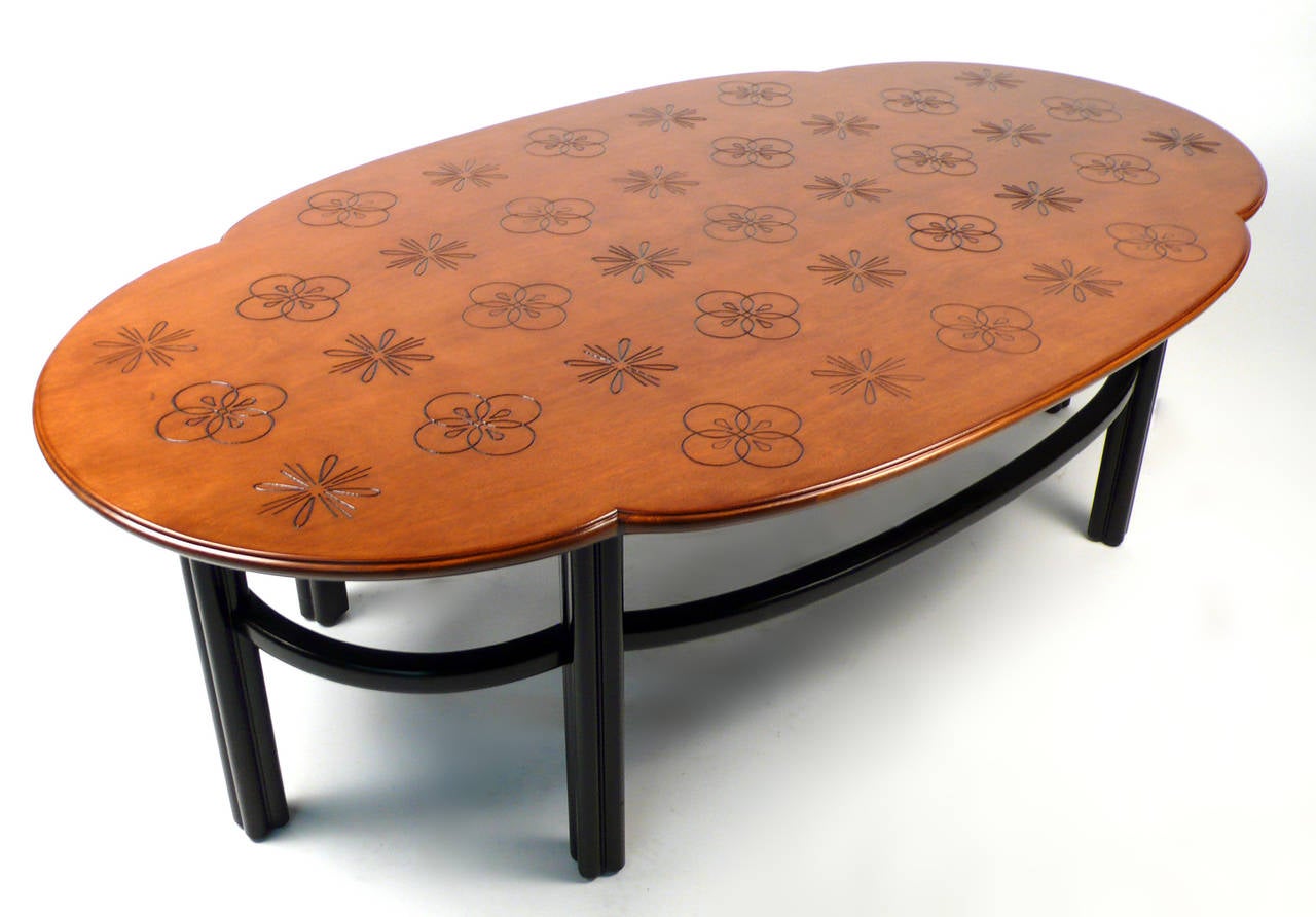 Mid-Century Modern Oval Baker Coffee Table with Incised designs in the Manner of Dorothy Draper
