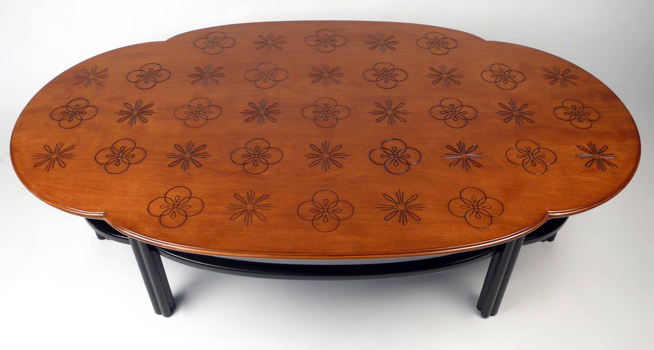 American Oval Baker Coffee Table with Incised designs in the Manner of Dorothy Draper