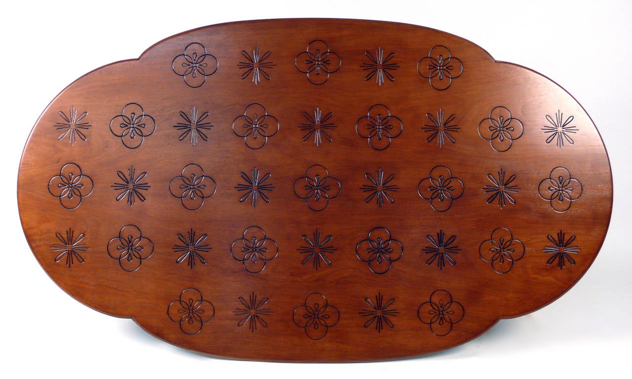Oval Baker Coffee Table with Incised designs in the Manner of Dorothy Draper In Excellent Condition In Dallas, TX