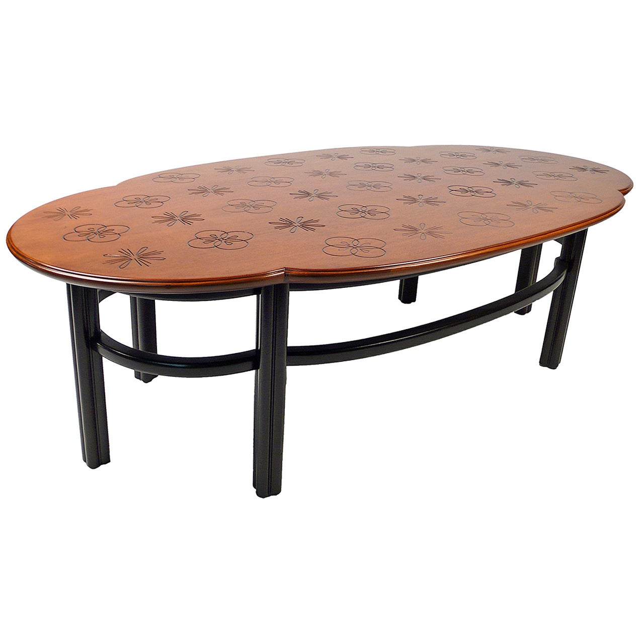 Oval Baker Coffee Table with Incised designs in the Manner of Dorothy Draper