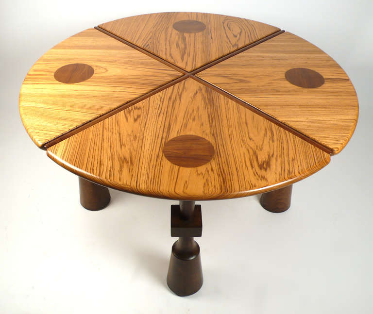 Incredible California craftsman game table with hand turned Walnut legs and solid exotic wood top. This piece is exquisitely made of all solid wood. One of a kind, unsigned.