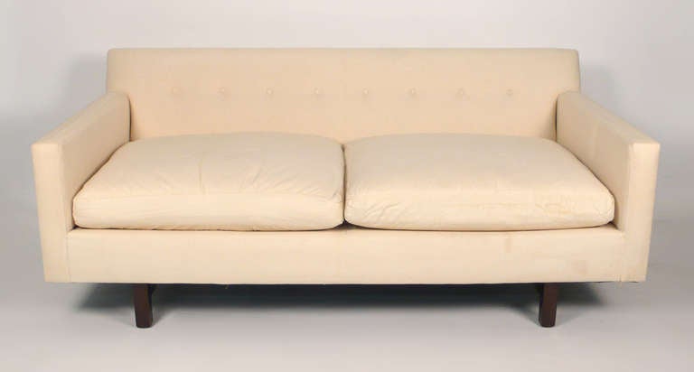 Matching pair of settees designed by Edward Wormley for Dunbar. These are ready to be upholstered in the textile of your choice. Original down filled seat cushions and removable down filled back cushions. Catalogue Model #584.