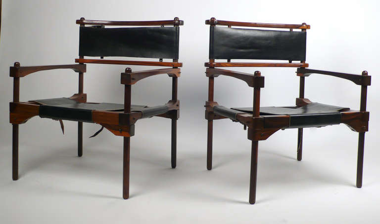 A rare pair of "Perno" knock-down safari chairs from the Don Shoemaker studio in Mexico. Acquired directly from the artist in the early 1960's. These examples are in very good condition with no damage or repairs.
