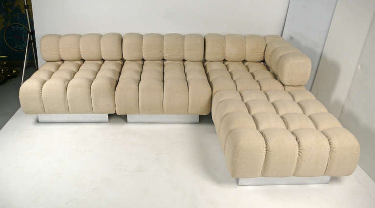 Four piece biscuit tufted sectional sofa designed by Harvey Probber. Original labels intact. Can be rearranged in a number of different configurations and yes it is as comfortable as it looks. Ottoman measures 32x32x16