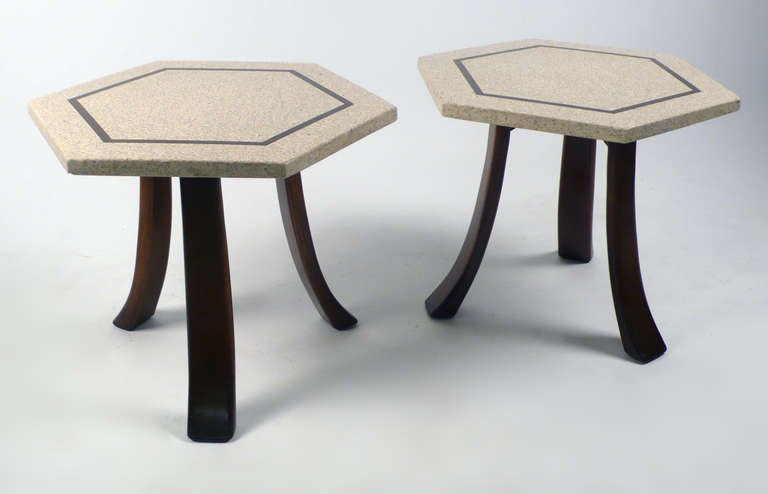 Side tables designed by Harvey Probber. Terrazzo inlaid brass tops with mahogany legs