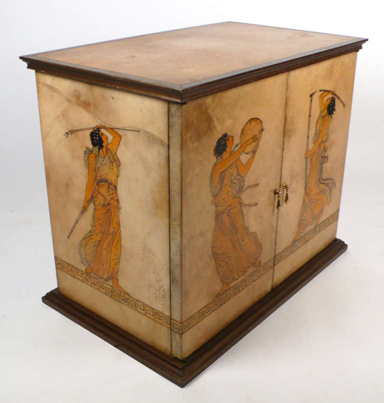 Handpainted vintage cabinet  with a grecian theme wrapped in lacquered goatskin. Attributed to Aldo Tura.