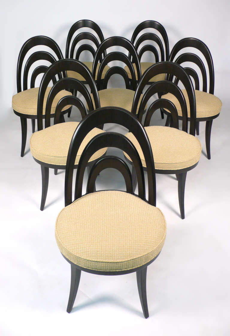 Set of eight elegant Harvey Probber arch back dining chairs. Fully Restored. 
Coordinating Harvey Probber dining table also available in a separate listing.
