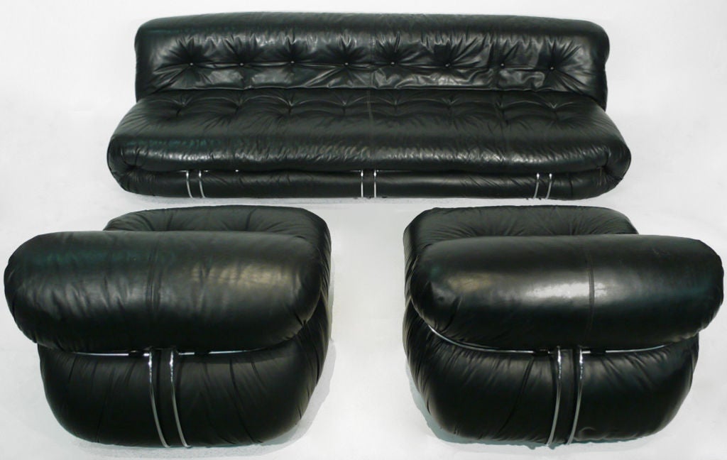 Afra and Tobia Scarpa Black Leather 3 Piece Soriana Seating