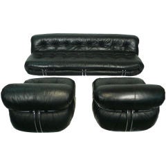 Retro Afra and Tobia Scarpa Black Leather 3 Piece Soriana Seating