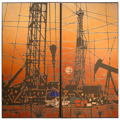 Oil Derrick Paintings 1960s brown orange