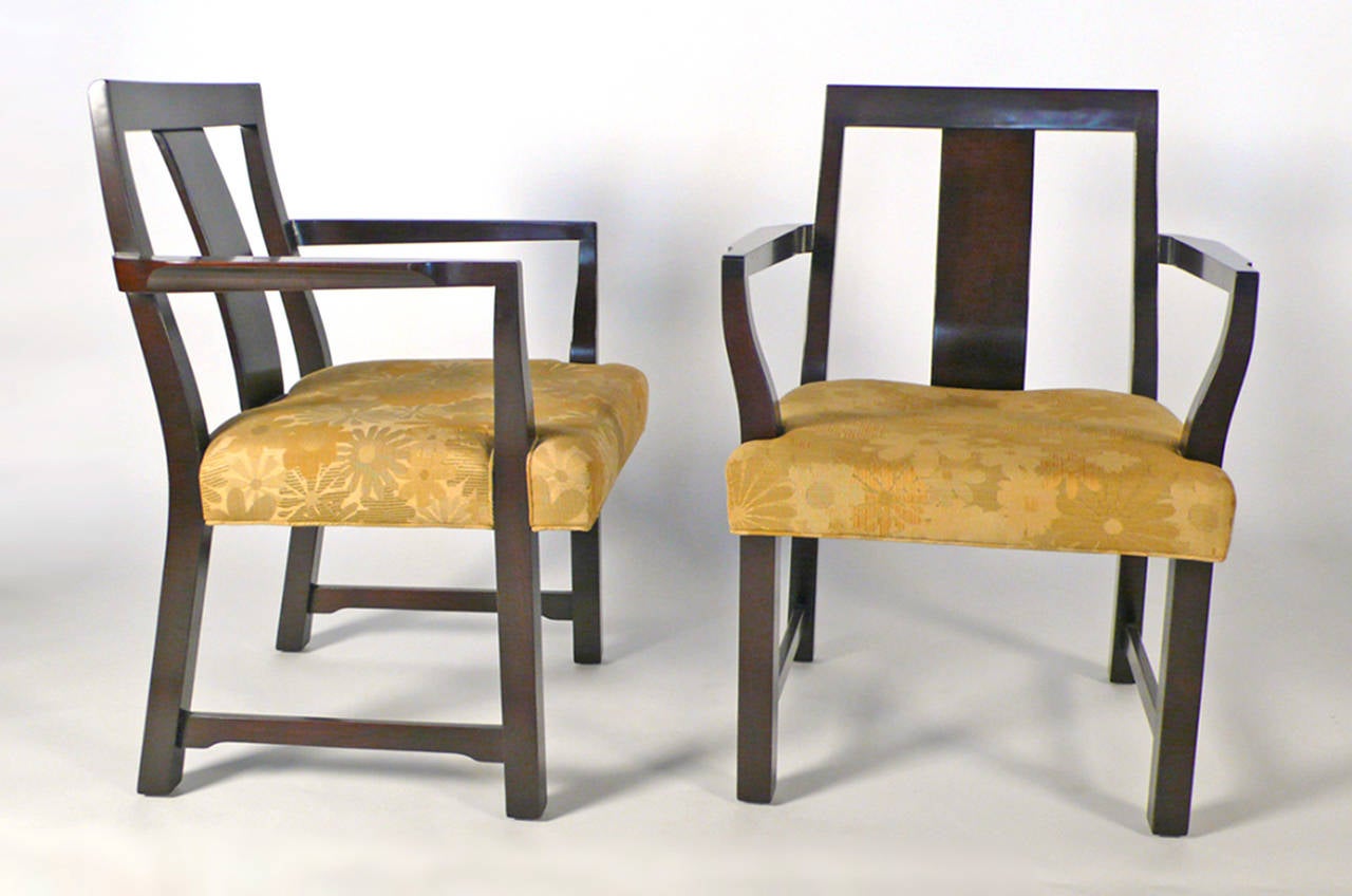 Set of six dining chairs designed by Edward Wormley for Dunbar. Set includes two arm chairs model No. 295W and four side chairs model No. 294W. Original Jack Lenor Larsen Upholstery. Solid Mahogany.