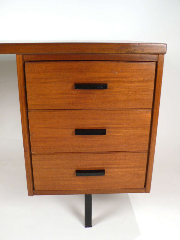 Metal Three Drawer Danish Desk with Teak Wood Construction For Sale