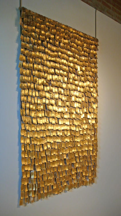 Astonishing abstract tapestry titled 'Alquimia XXV' by internationally known Colombian textile artist Olga De Amaral. Hand crafted from Gold-leaf and gesso applied over woven elements of Linen. Over the past 10 years, major exhibitions of de