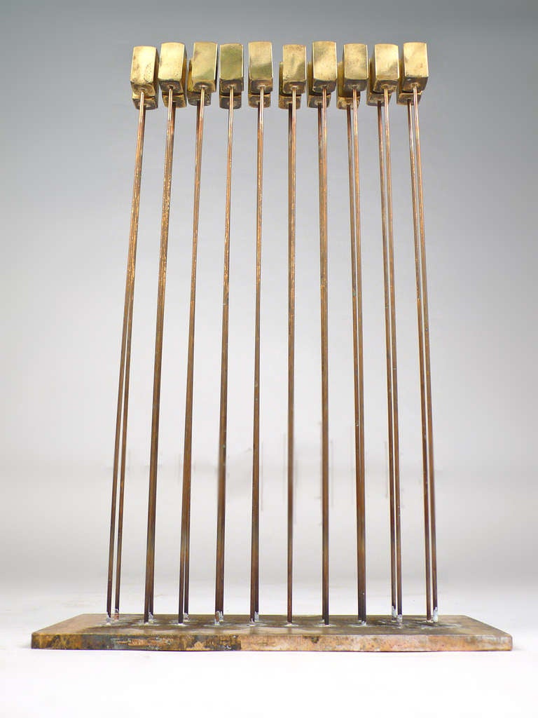 20 square cat tail tops of brass silvered to beryllium copper rods silvered to brass base. Have CoA.

This sculpture produces sound. Please contact us for youtube links.