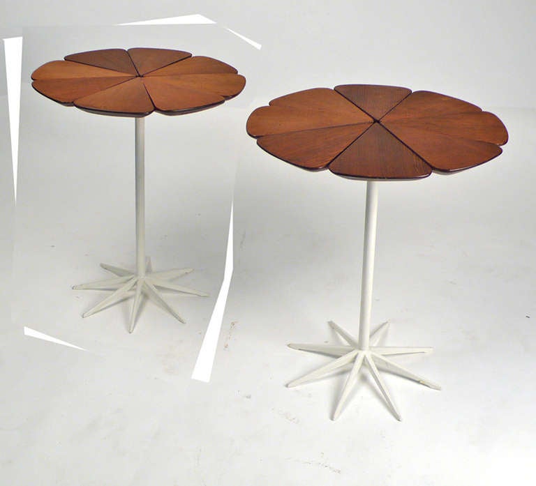 Early Richard Schultz for Knoll petal tables. One retains early label. Solid redwood petals. Nice patina.