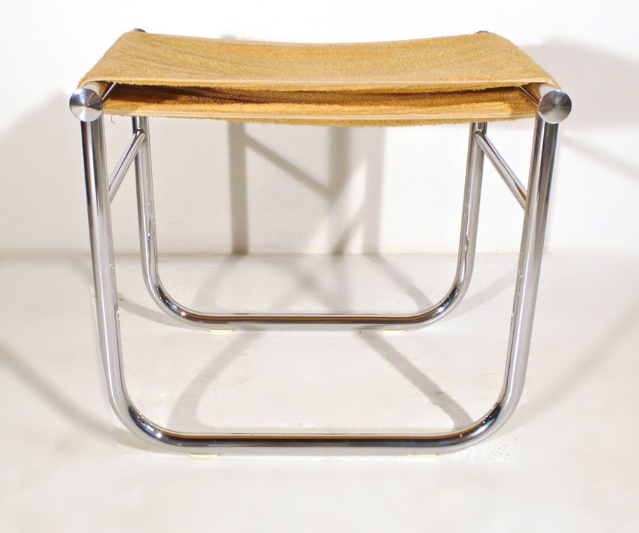 Chrome-plated steel LC9 stool designed by Le Corbusier and manufactured by Cassina. Original terry cloth upholstery.