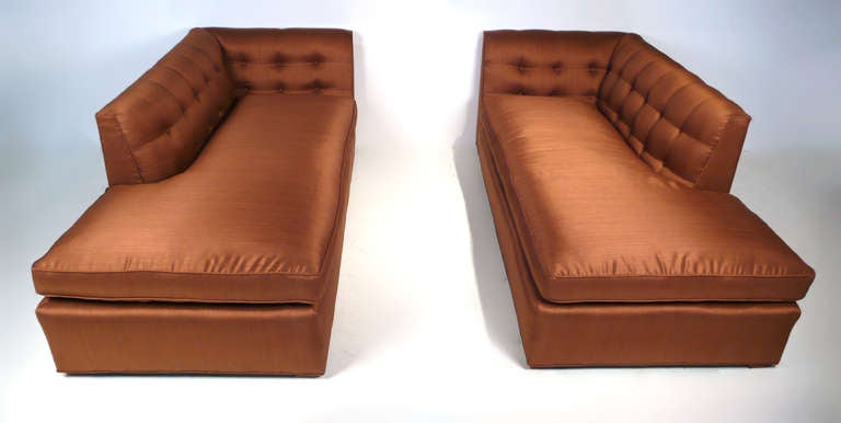 This rare pair of mirrored recamier sofas are from the earliest period of Harvey Probber's career. They date from the mid forties when he first launched his furniture studio in Manhattan. They have been fully restored in a high grade copper textile