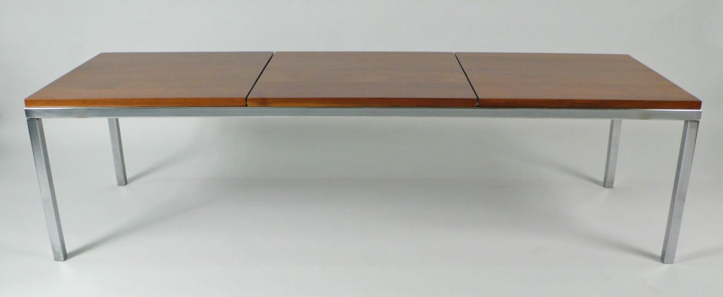 Early 1950s Florence Knoll architectural bench with nickel-plated steel and walnut top. Retains original Label. Would also serve as a coffee table.