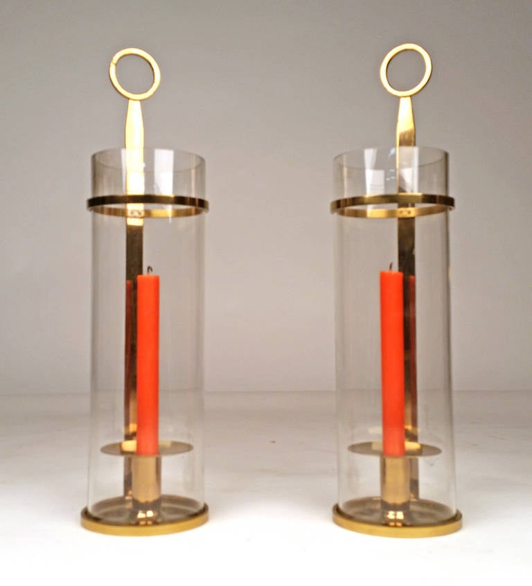 Brass Tommi Parzinger Hurricane Lamps for Dorlyn Silversmiths. For use on a tabletop or will hang on the wall.