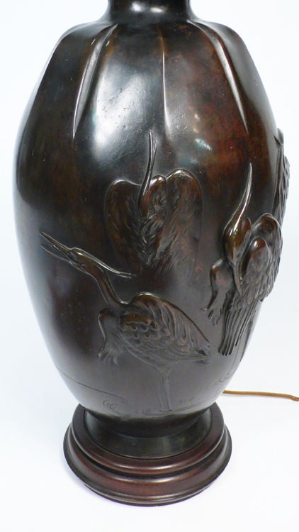 Bronze Asian Crane Lamp glas mahogany 20th century