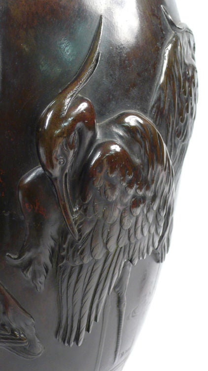 Bronze Asian Crane Lamp glas mahogany 20th century In Excellent Condition In Dallas, TX