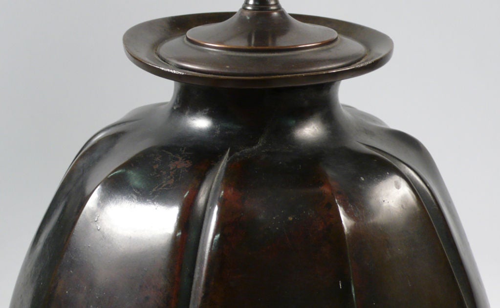 20th Century Bronze Asian Crane Lamp glas mahogany 20th century