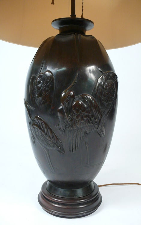 Bronze Asian Crane Lamp glas mahogany 20th century 3