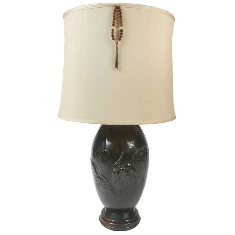 Bronze Asian Crane Lamp glas mahogany 20th century