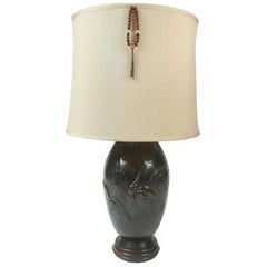 Bronze Asian Crane Lamp glas mahogany 20th century