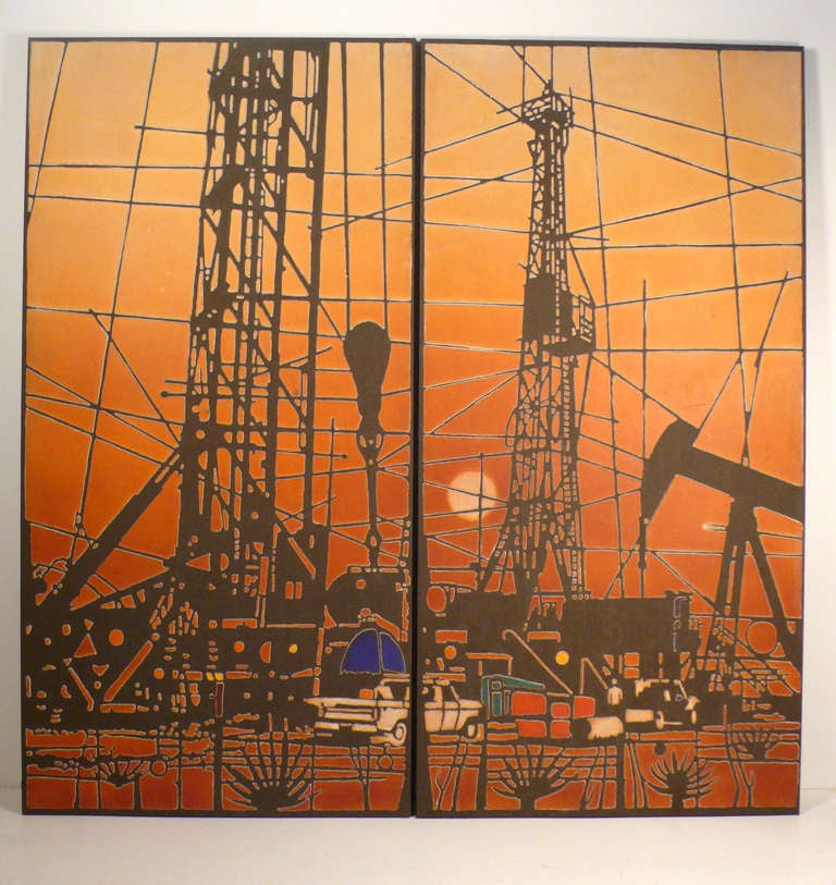 This monumental diptych work was originally a corporate commission for the lobby of an Oil and Gas company in Midland Texas. They were executed in the 1960's and are being attributed to North American artist Paul Maxwell who was instrumental in
