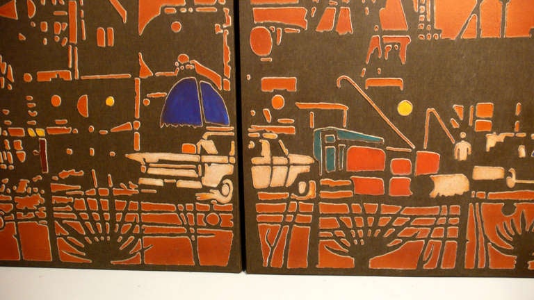 Modern Oil Derrick Paintings 1960s brown orange