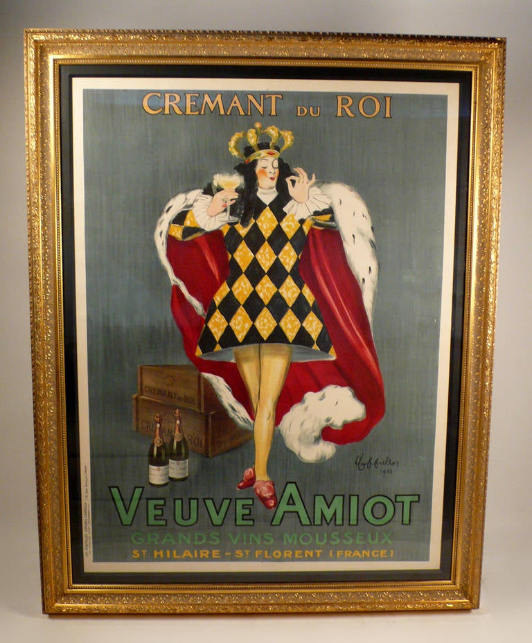 Original Leonetto Cappiello 'king of french sparkling wines' lithograph from 1922 includes very high-end custom frame and linen backing. Unframed work measures 46.5