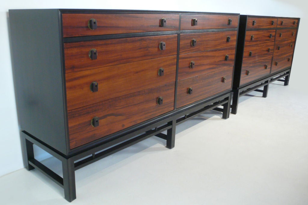 Edward Wormley for Dunbar dresser. Fully restored. Dark mahogany body with contrasting rosewood drawer fronts and oak interiors.