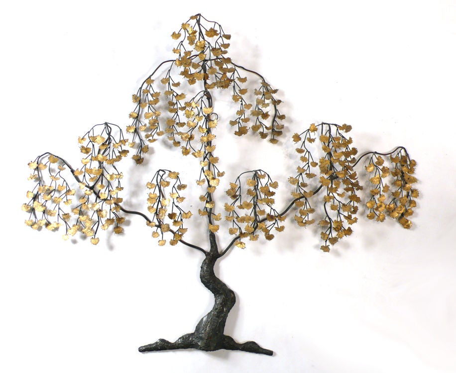 Whimsical willow tree wall sculpture with unusual spill-cast brass leaves. Nice patina and texture to trunk. Unsigned.