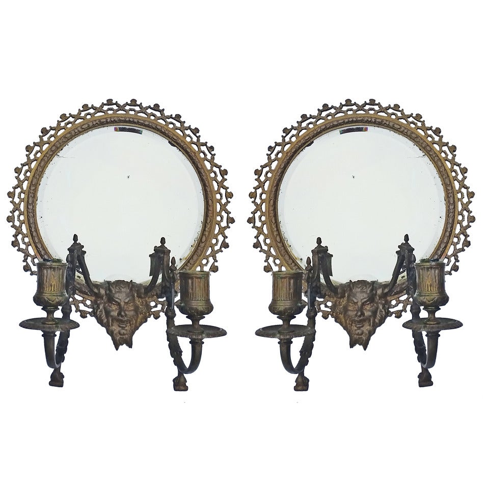 Pair of Antique Gothic Mythological Tiffany and Co. Bronze Beveled Mirrors