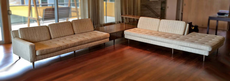 This enormous Harvey Probber two-piece sectional sofa with custom integrated console and corner table has been extremely well preserved and was acquired from the original owners. The set was designed to free Stand in a room so that the drawers of