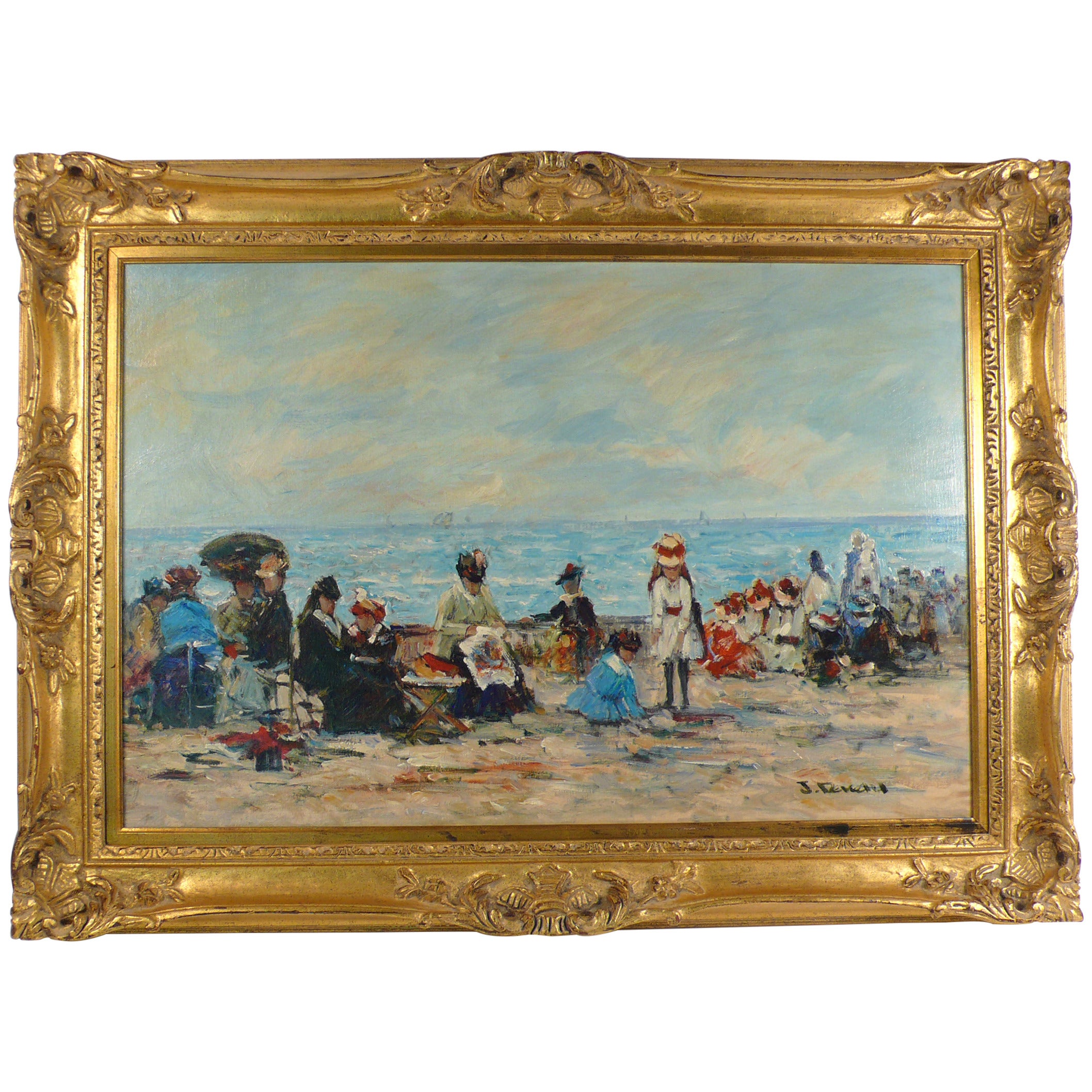 French Impressionist Beach Scene Painting by J. Deveau