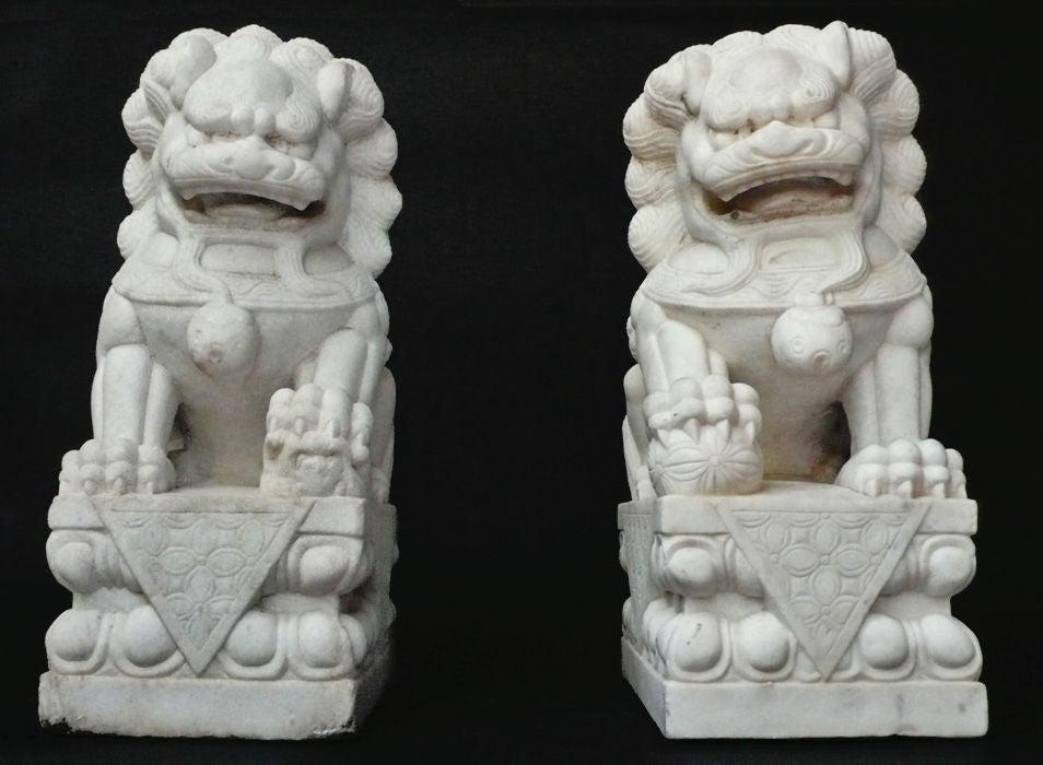 20th Century Italian Marble Hand Carved Foo Dogs