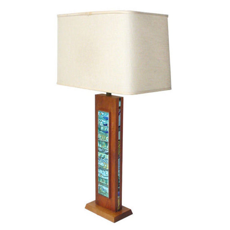 Tile and Teak Table Lamp Designed by Harris Strong For Sale