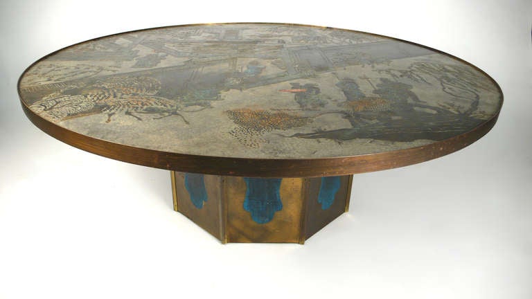 'Chan' Table designed by Philip and Kelvin Laverne and executed in patinated bronze over pewter. Excellent original condition with a beautiful age appropriate patina.

At 47.5