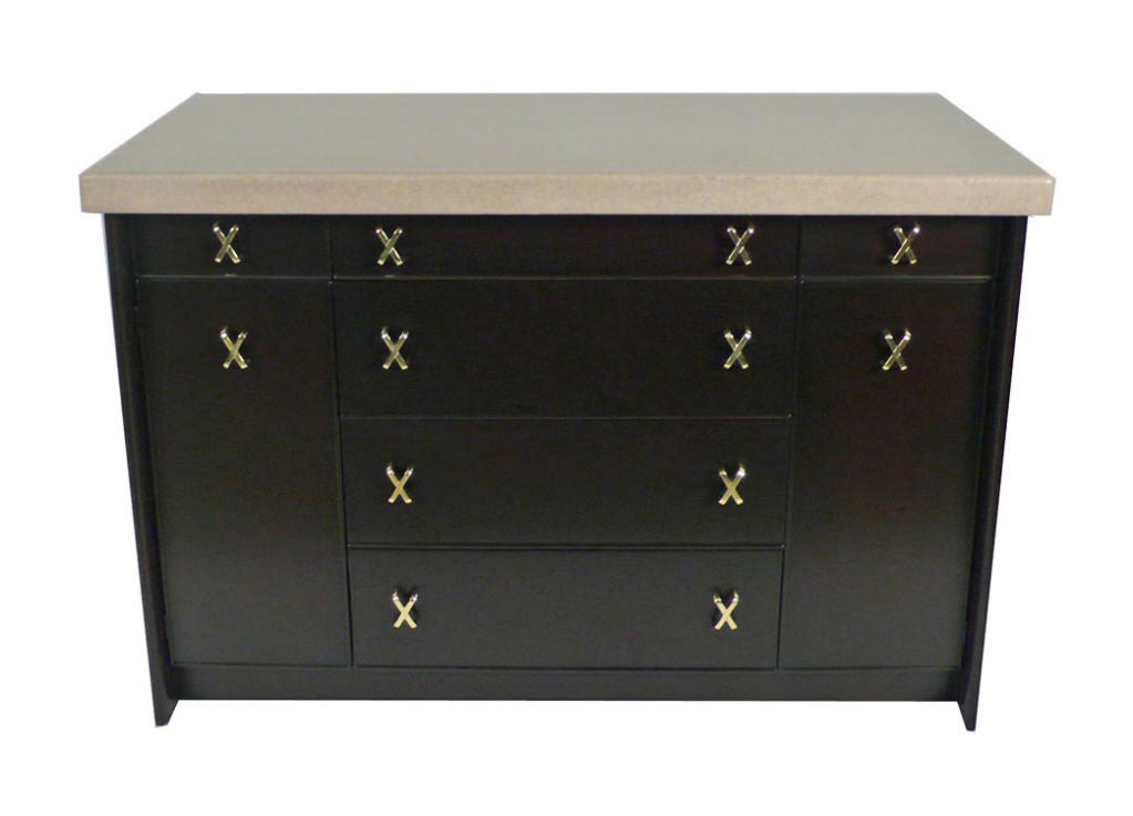 Paul Frankl designed server for Johnson furniture company. Completely restored in an espresso lacquer finish similar to the original. All hardware has been hand polished and re-lacquered. An extremely handsome and functional piece.