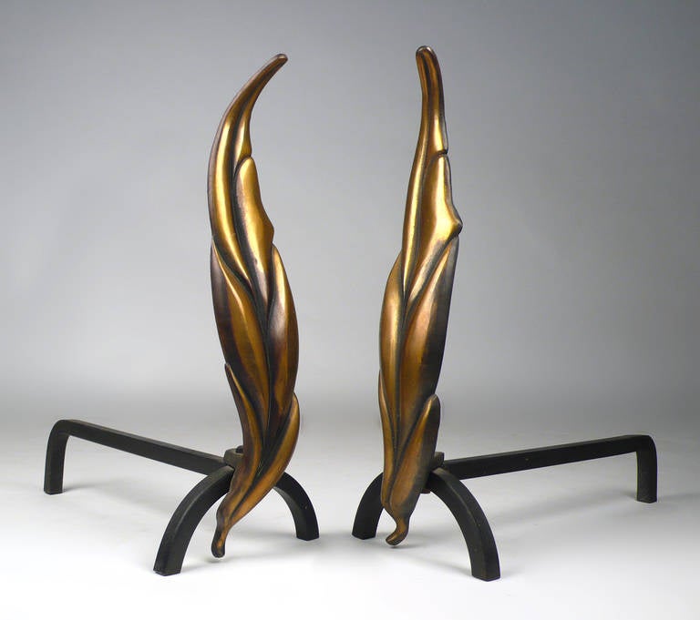 Unknown Solid Brass Flamed Leaf Andirons