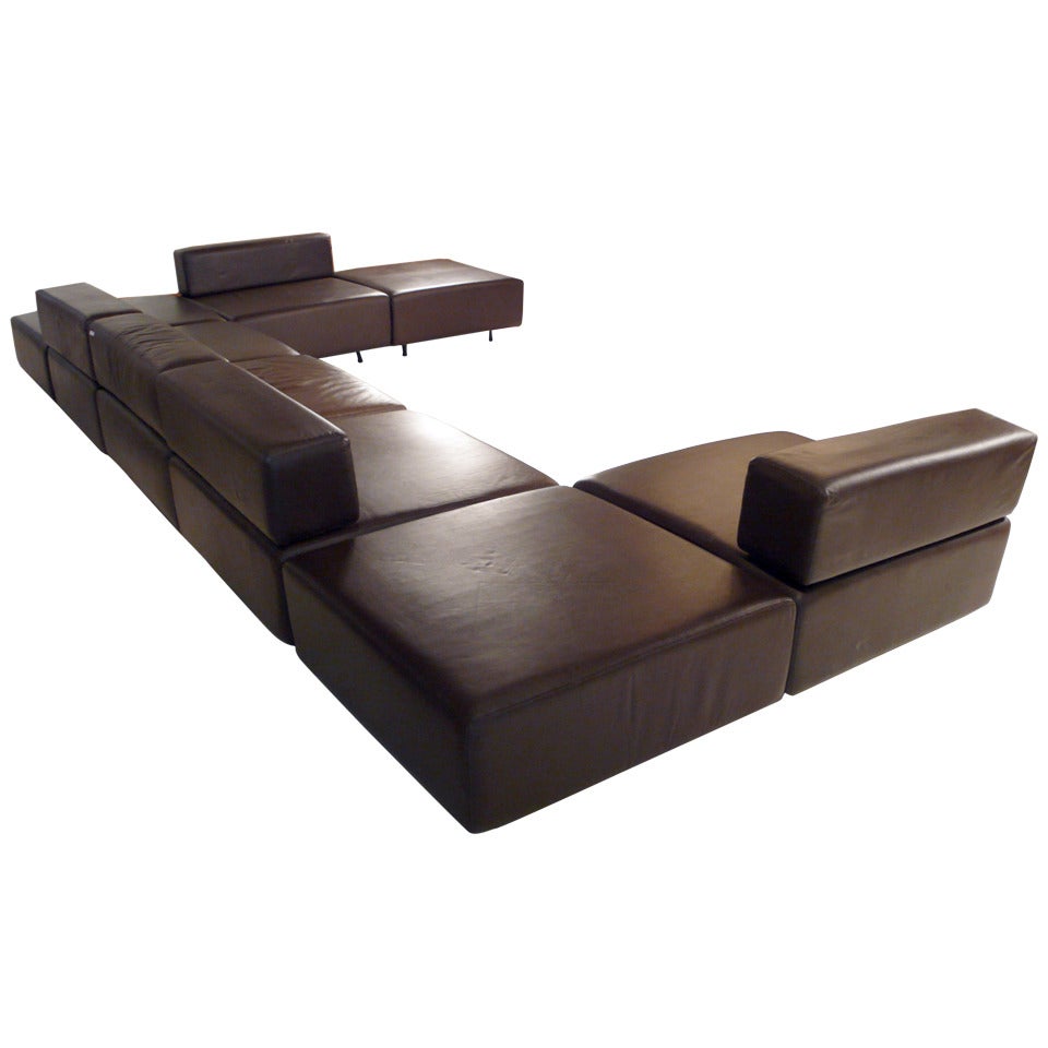 Harvey Probber Chocolate Brown Leather 'Cubo' Sectional Sofa