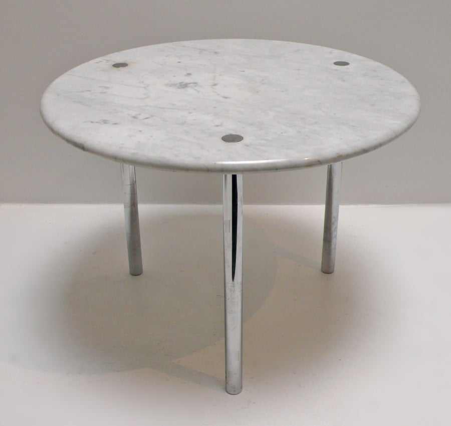 Laverne International Side Table. Constructed with chrome plate steel with the original cararra marble top. 