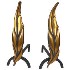 Solid Brass Flamed Leaf Andirons