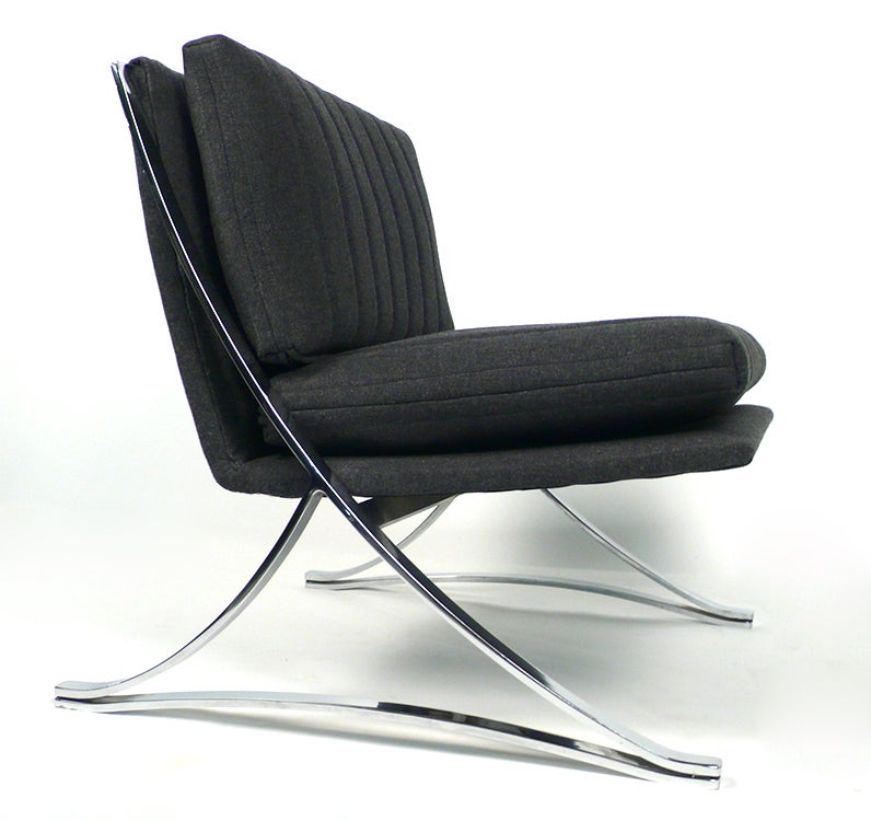 Stainless Steel Leif Jacobsen Lounge Chairs Flat-bar Steel Frames & Gray Ribbed wool Upholstery
